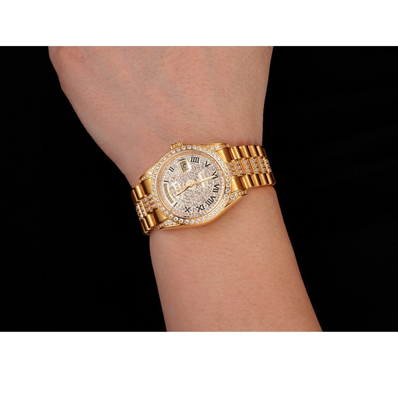 AAA Replica Watches Day-Date Swiss Bracelet Gold Rolex Pave Dial 1453956 Diamond Diamond 1014